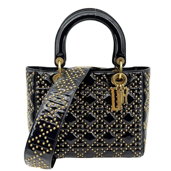 Dior Handbags - Christian Dior  Lady Dior Medium Studded Cannage Patent Leather Crossbody Black